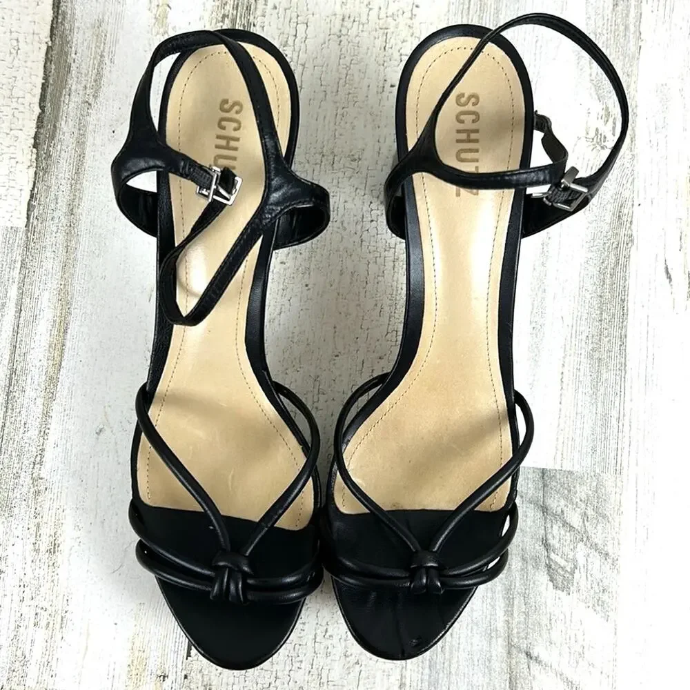 SCHUTZ Womens 11 Kelsie Black Leather Platform Strappy Block Heel Sandals NEW